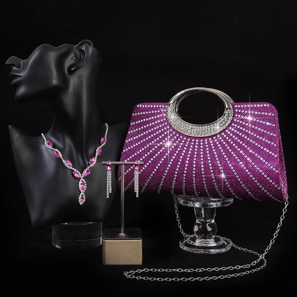 Elegant 3pcs Crystal Jewelry Set with Faux Pink Zirconia & Rhinestone Clutch - Picture 4 of 5